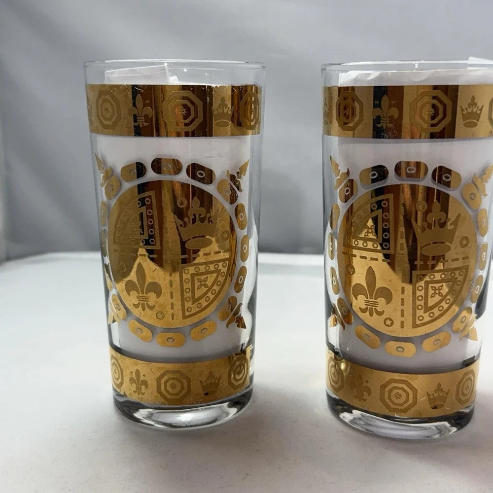 VTG MCM Vito Bari Barware Set 8 Highball Glasses, Ice Bucket & Caddy 22KT Gold